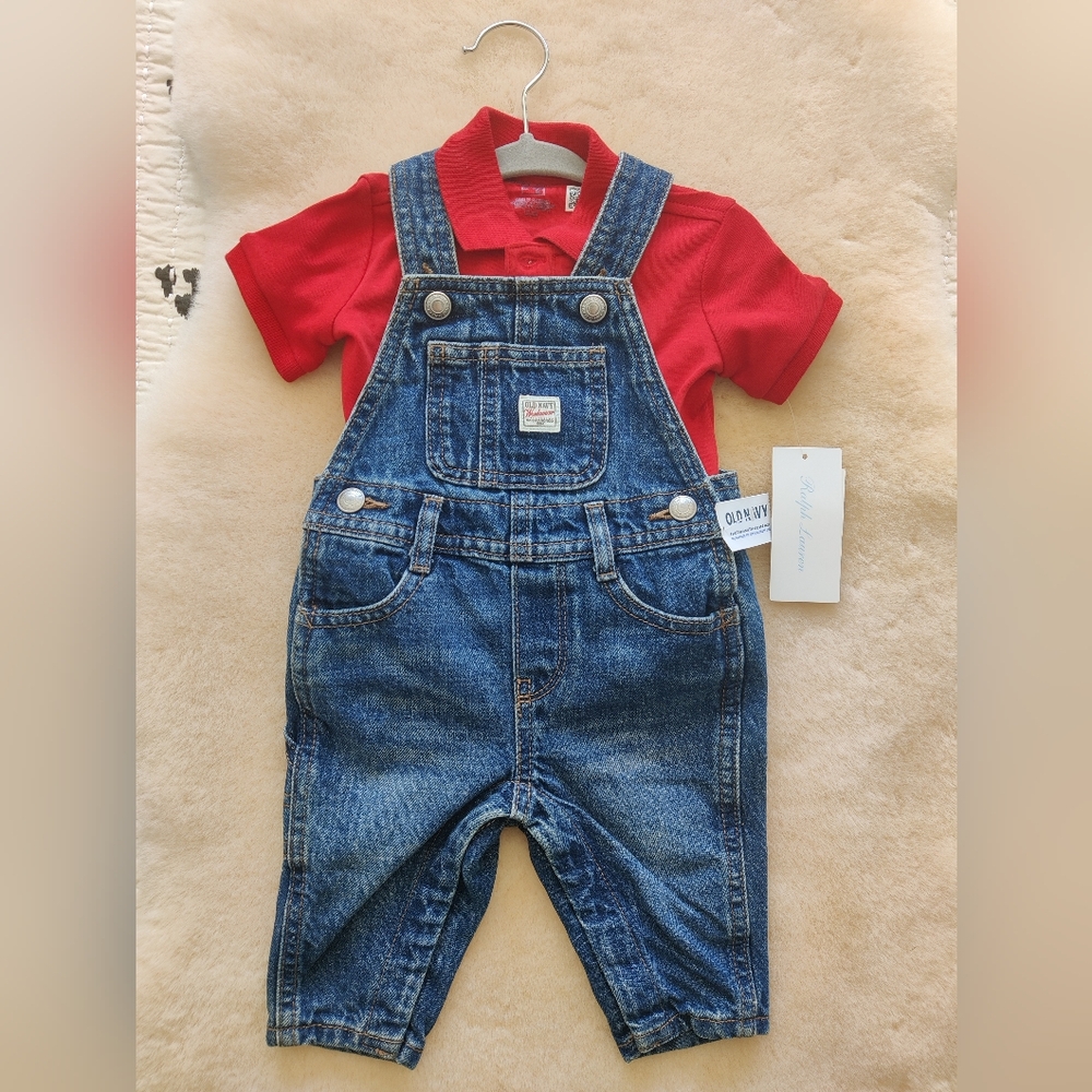 Baby Jean Overalls Dungarees Old Navy with Red Ralph Lauren Polo shirt - NWT 6m